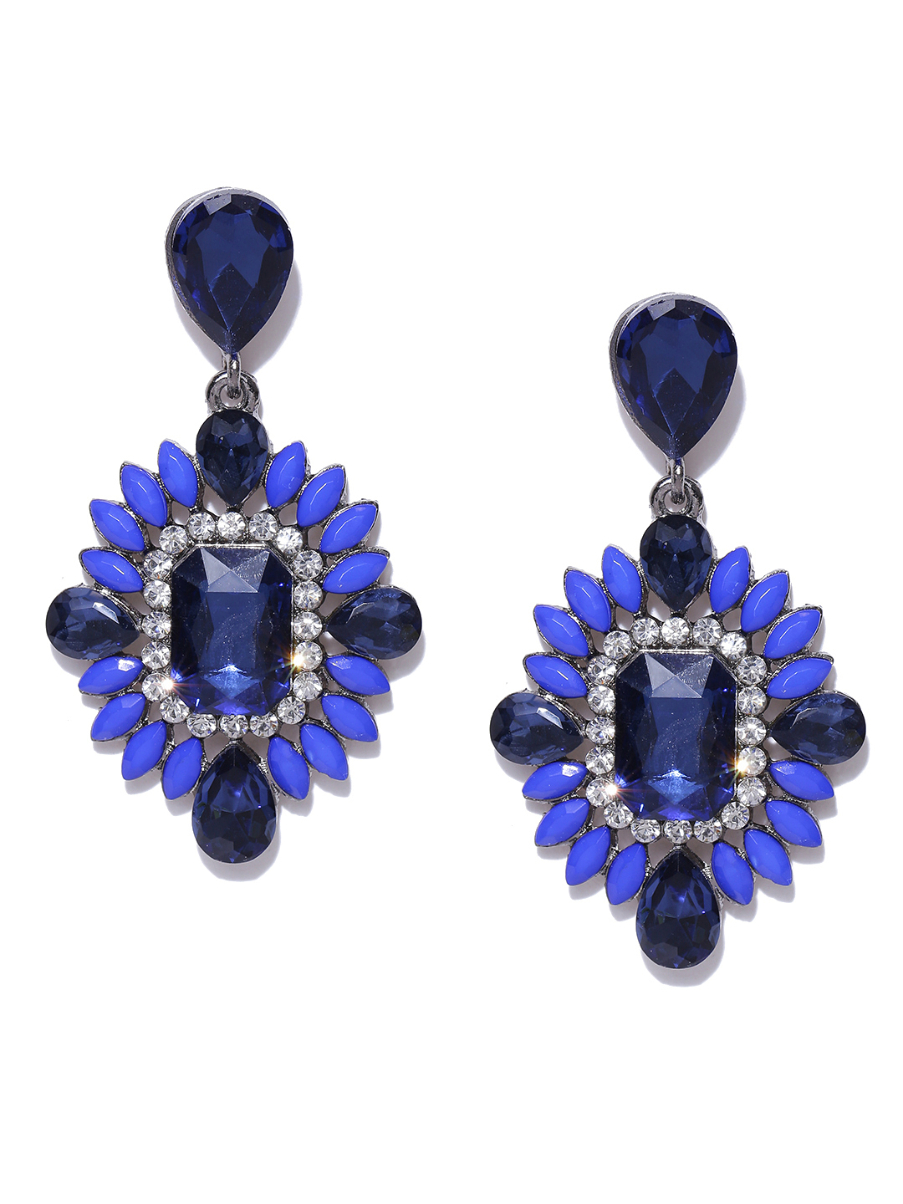 YouBella Blue Silver-Plated Stone-Studded Contemporary Drop Earrings