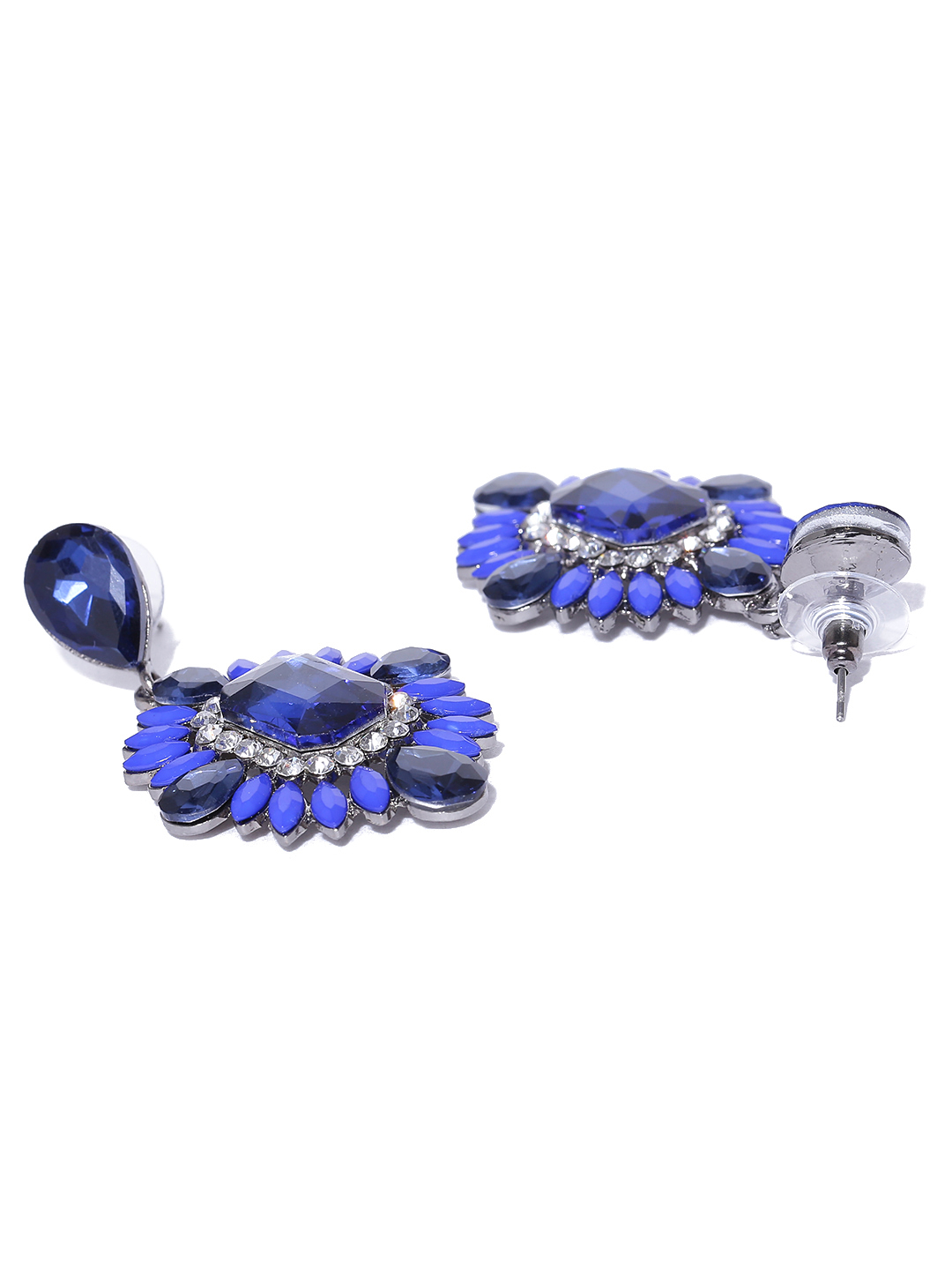 YouBella Blue Silver-Plated Stone-Studded Contemporary Drop Earrings