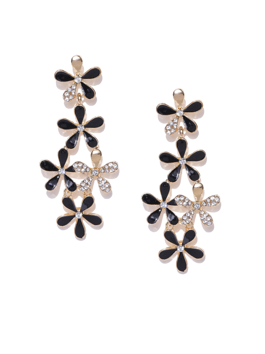 YouBella Black Gold-Plated Stone-Studded Floral Drop Earrings