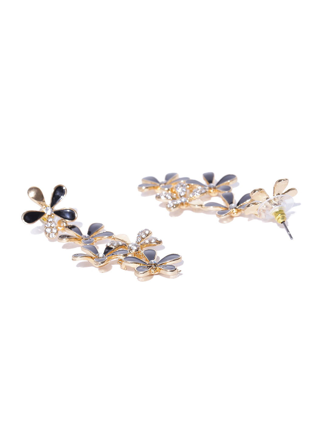 YouBella Black Gold-Plated Stone-Studded Floral Drop Earrings