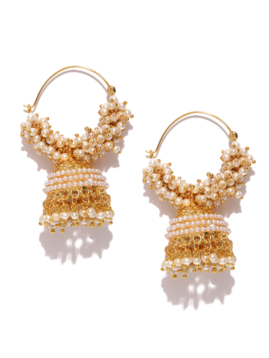 YouBella Off-White Gold-Plated Beaded Dome Shaped Jhumkas