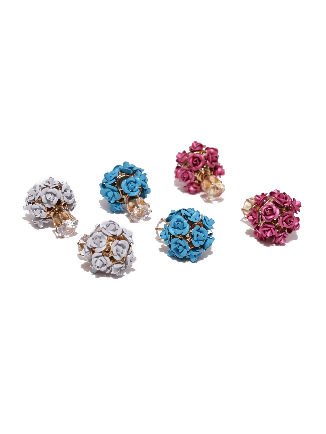 YouBella Set of 3 Gold-Plated Floral Double-Sided Stone Studs