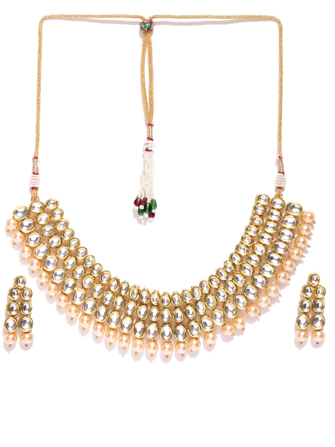 YouBella Gold-Toned  Off-White Kundan Stone-Studded Beaded Jewellery Set