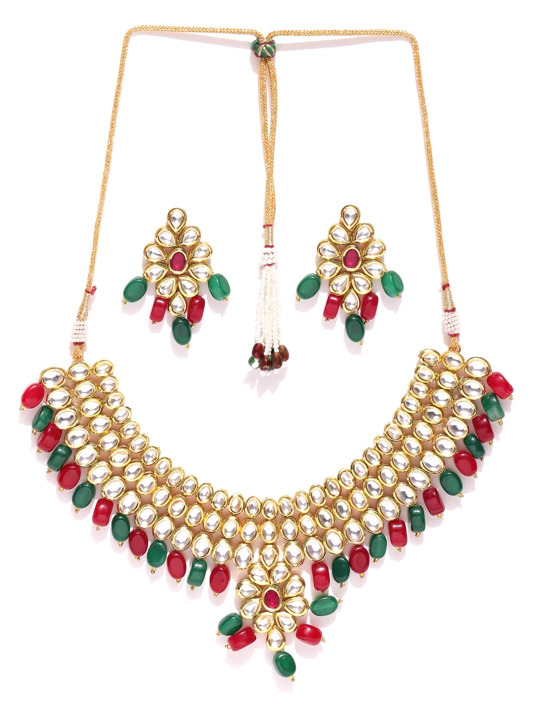 YouBella Gold-Toned  Green Kundan Stone-Studded Beaded Jewellery Set