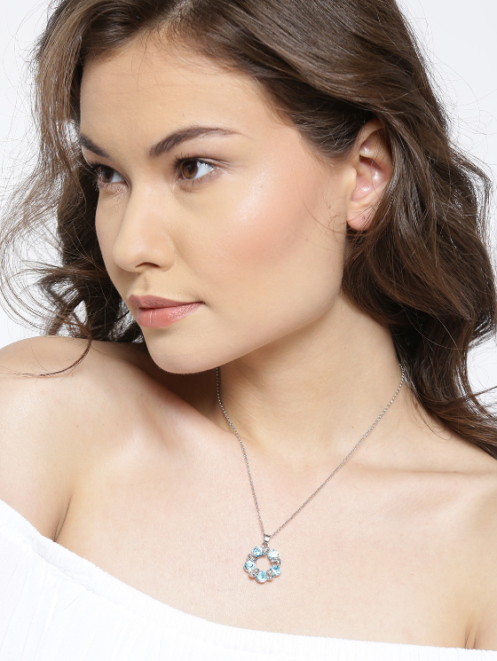 YouBella Blue  Silver-Toned Stone-Studded Pendant with Chain