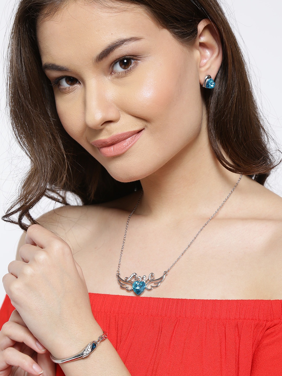 YouBella Women FashionsSilver-Toned & Blue Stone-Studded Jewellery Set