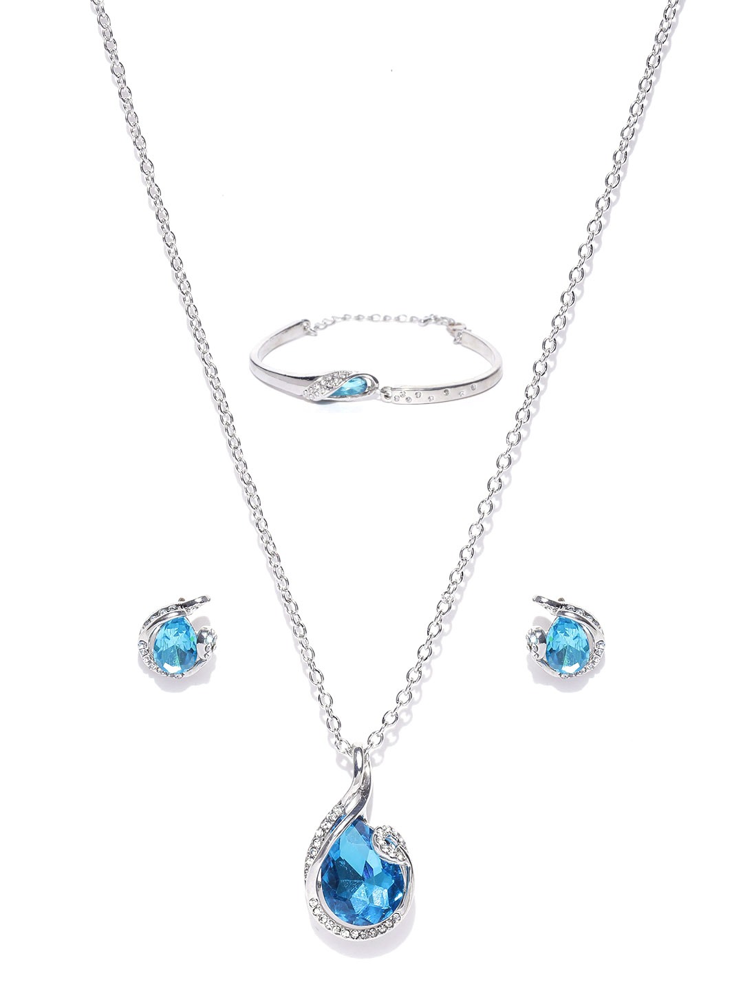 YouBella Silver-Toned  Blue Stone-Studded Jewellery Set