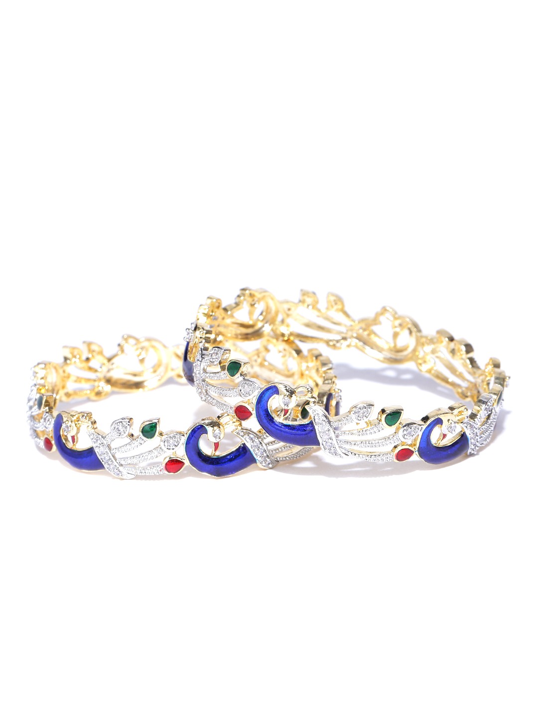 YouBella Set of 2 Blue  Silver-Toned Stone-Studded Peacock-Shaped Bangles