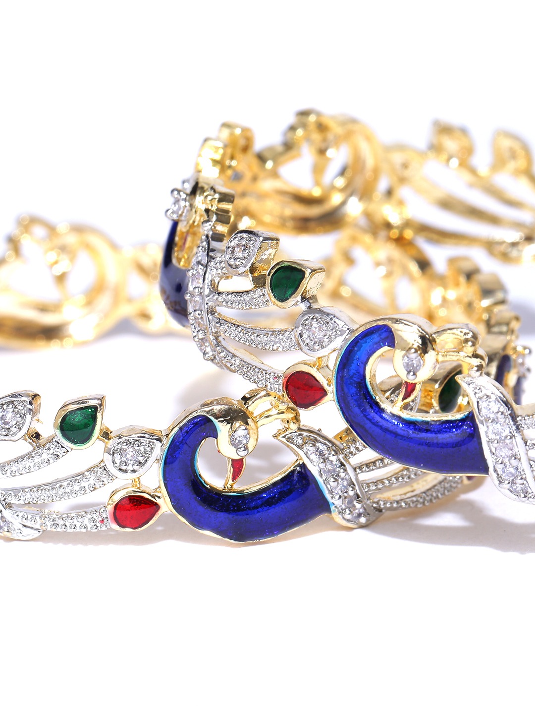 YouBella Set of 2 Blue  Silver-Toned Stone-Studded Peacock-Shaped Bangles