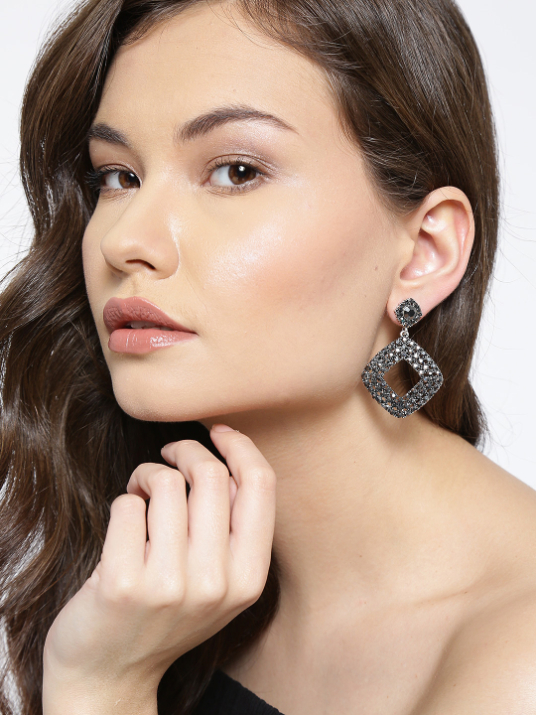 YouBella Grey Silver-Plated Geometric Drop Earrings