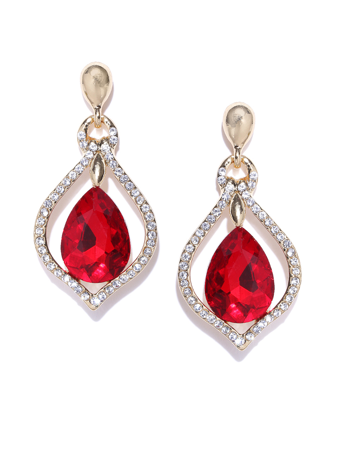YouBella Off-White  Red Gold-Plated Teardrop Shaped Drop Earrings