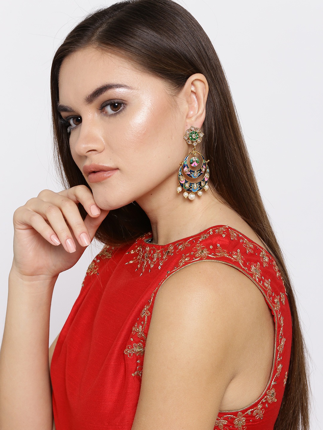 YouBella Blue  Gold-Toned Crescent Shaped Chandbalis