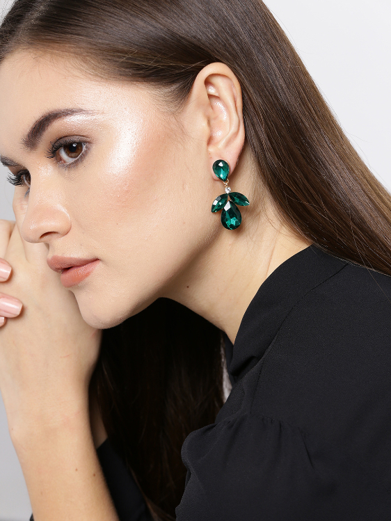 YouBella Green Gold-Plated Teardrop Shaped Drop Earrings