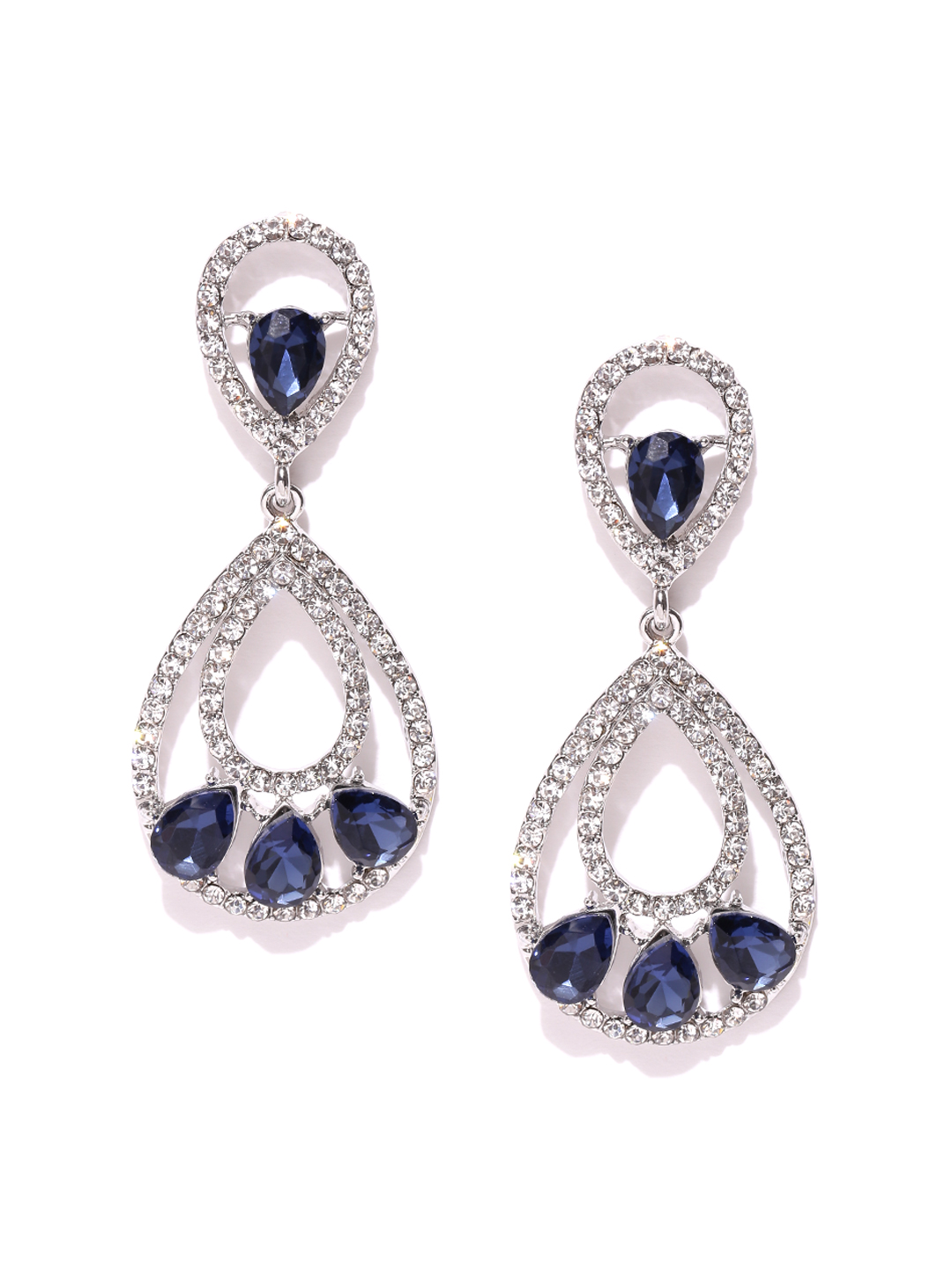 YouBella Silver-Toned  Navy Blue Teardrop Shaped Drop Earrings