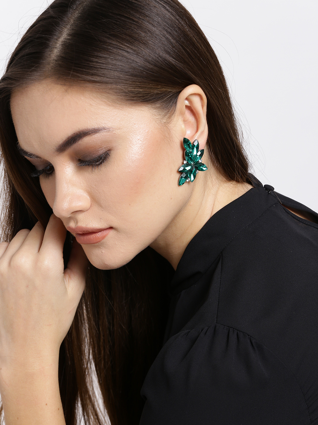 YouBella Green Silver-Plated Stone-Studded Contemporary Studs
