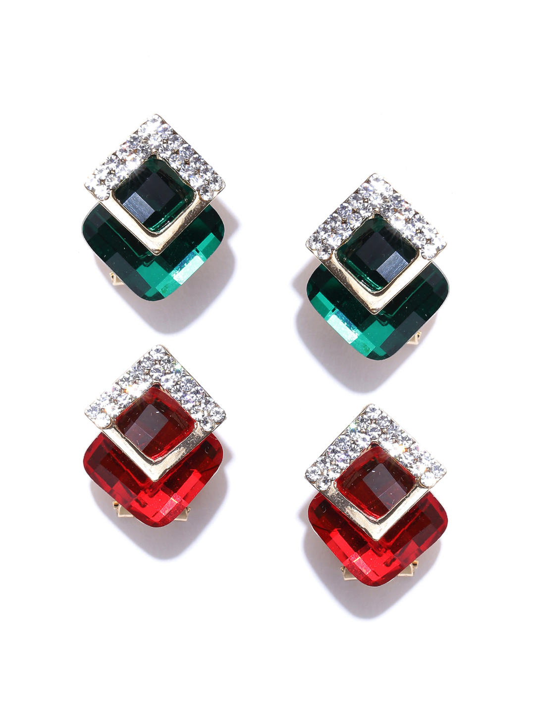 YouBella Set of 2 Gold-Plated Stone-Studded Diamond-Shaped Studs