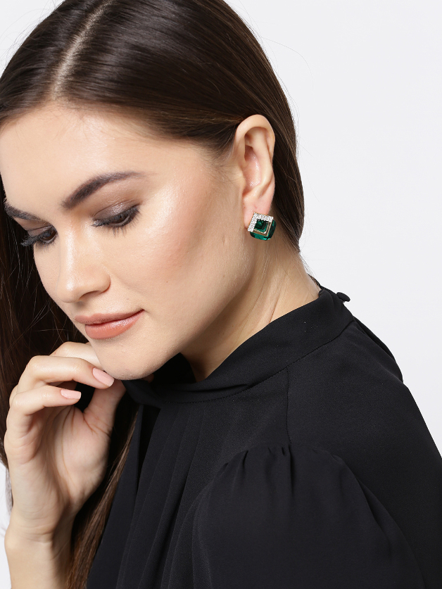 YouBella Set of 2 Gold-Plated Stone-Studded Diamond-Shaped Studs