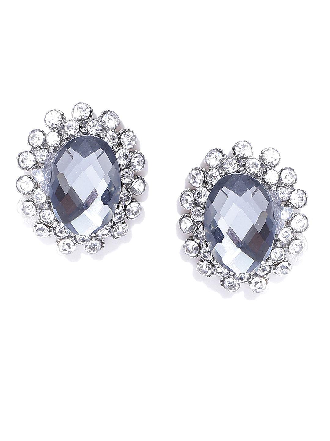 YouBella Grey Silver-Plated Stone-Studded Oval Studs