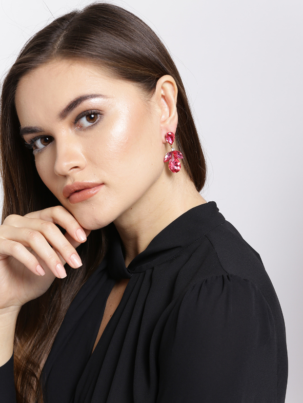 YouBella Pink Gold-Plated Teardrop-Shaped Stone-Studded Drop Earrings