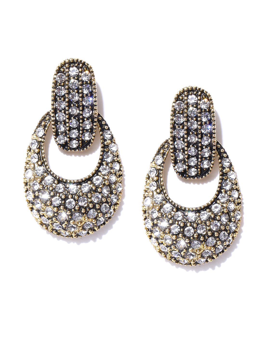 YouBella Antique Gold-Toned Stone-Studded Contemporary Drop Earrings