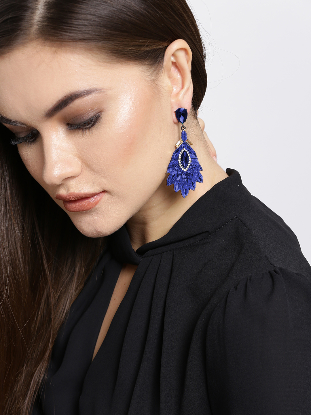 YouBella Silver-Toned  Navy Contemporary Stone-Studded Drop Earrings