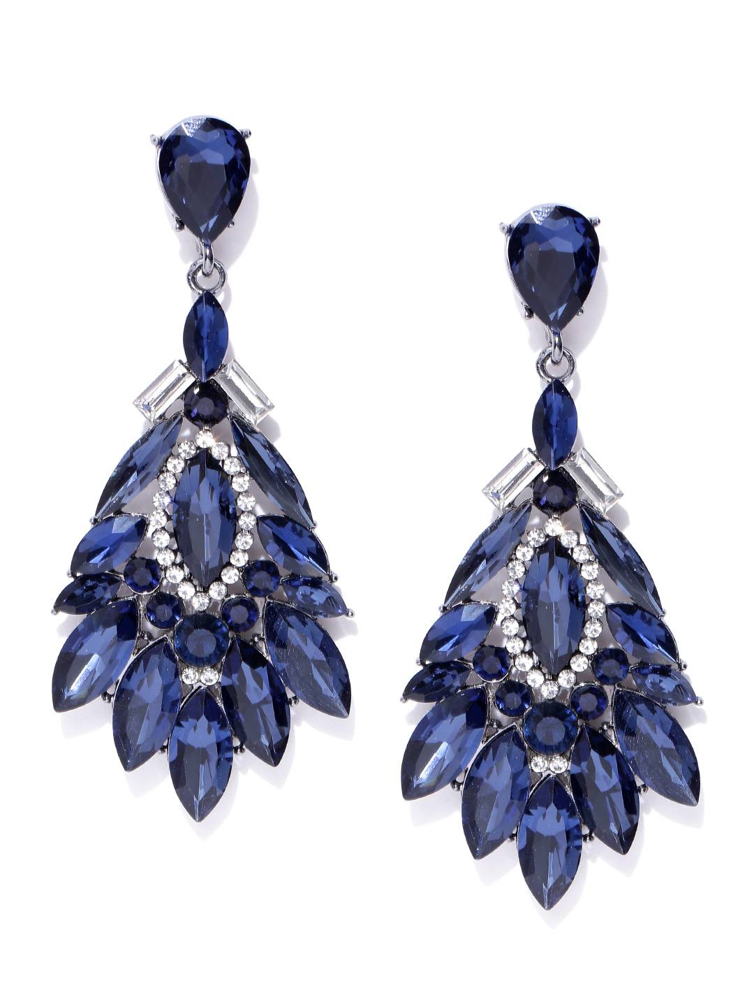 YouBella Silver-Toned  Navy Contemporary Stone-Studded Drop Earrings