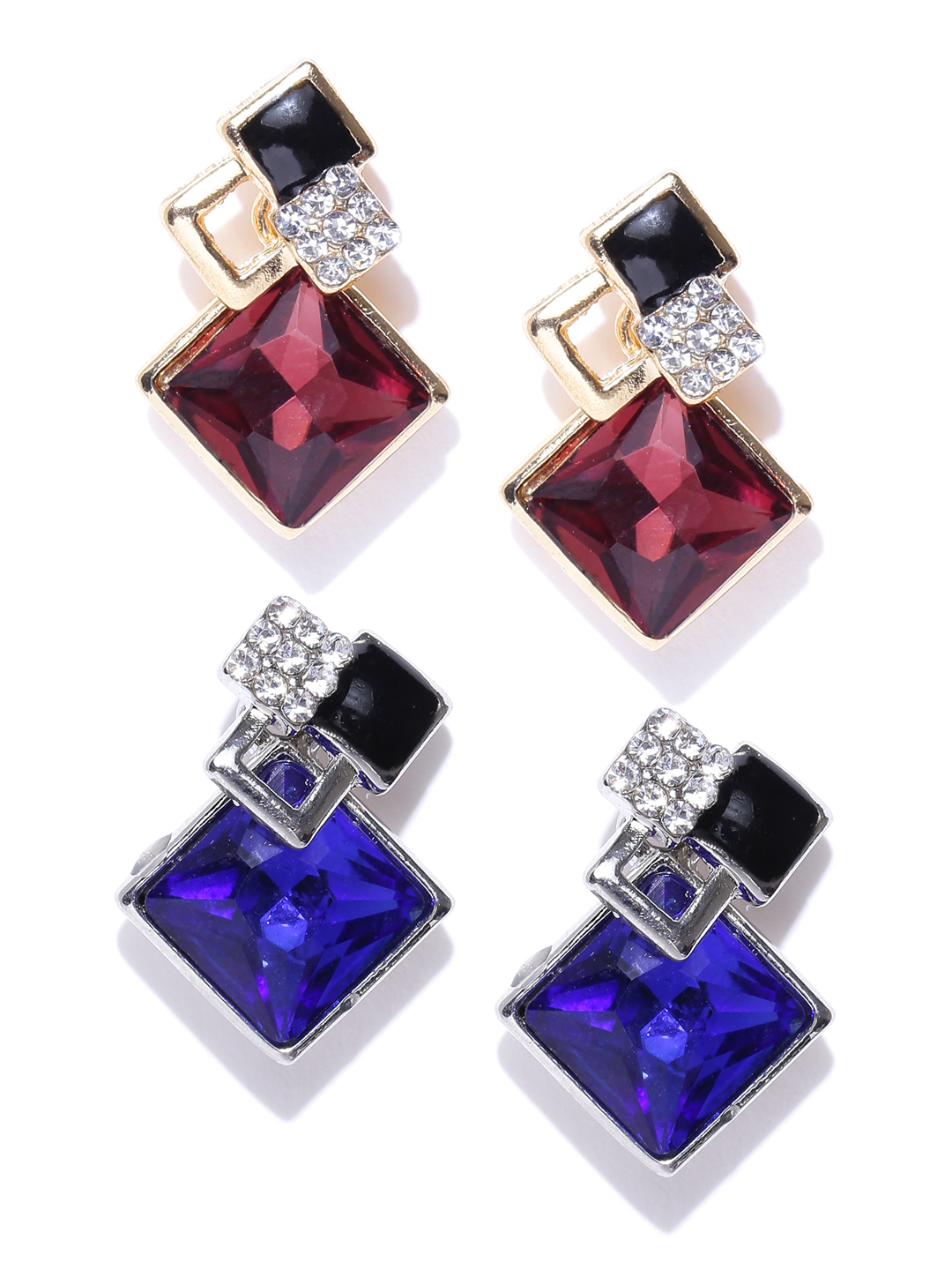 YouBella Set of 2 Gold-Plated Stone-Studded Diamond-Shaped Drop Earrings
