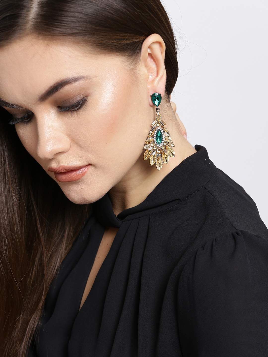 YouBella Green  Yellow Contemporary Stone-Studded Drop Earrings