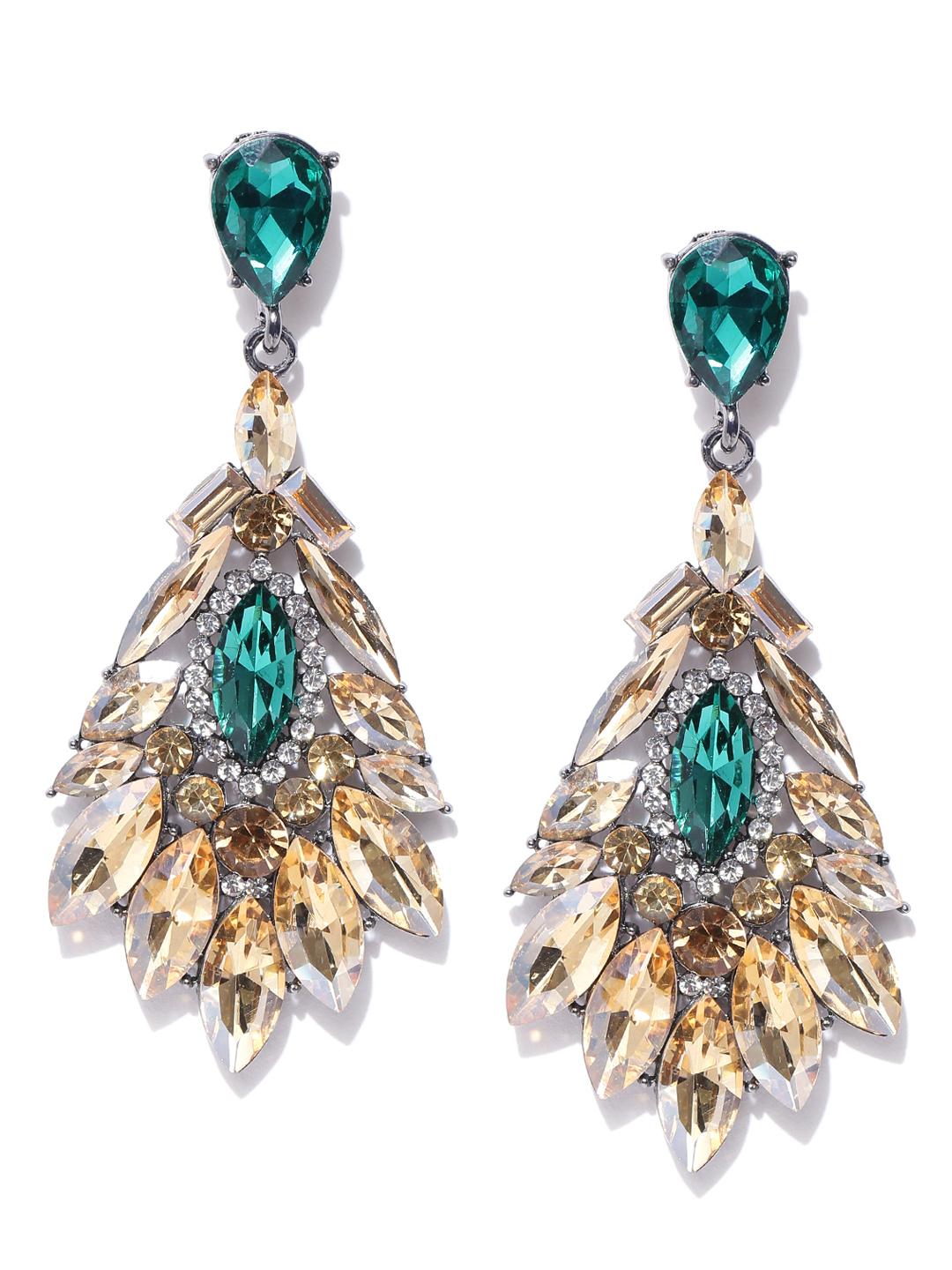 YouBella Green  Yellow Contemporary Stone-Studded Drop Earrings