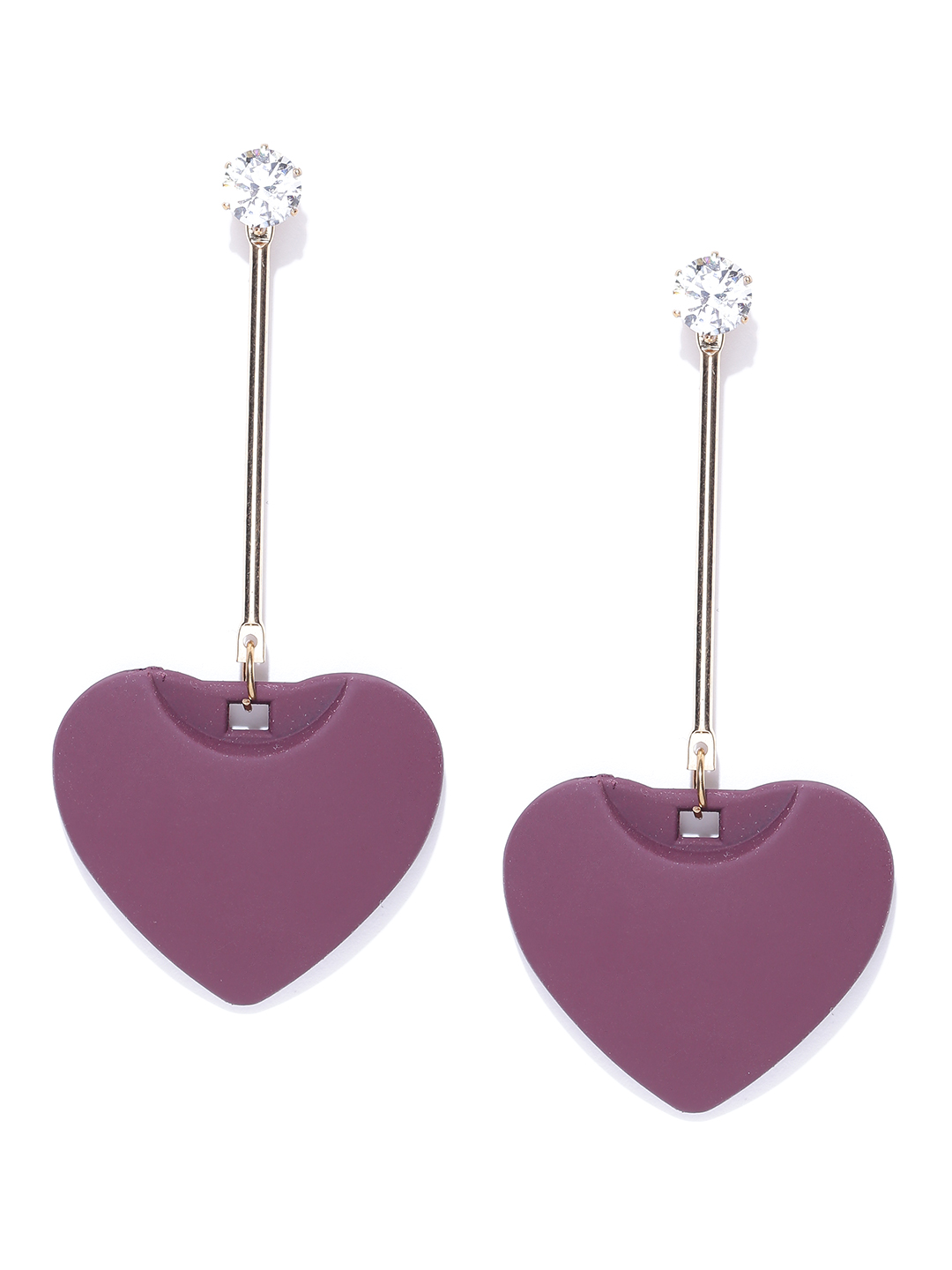 YouBella Burgundy Gold-Plated Heart-Shaped Stone-Studded Drop Earrings