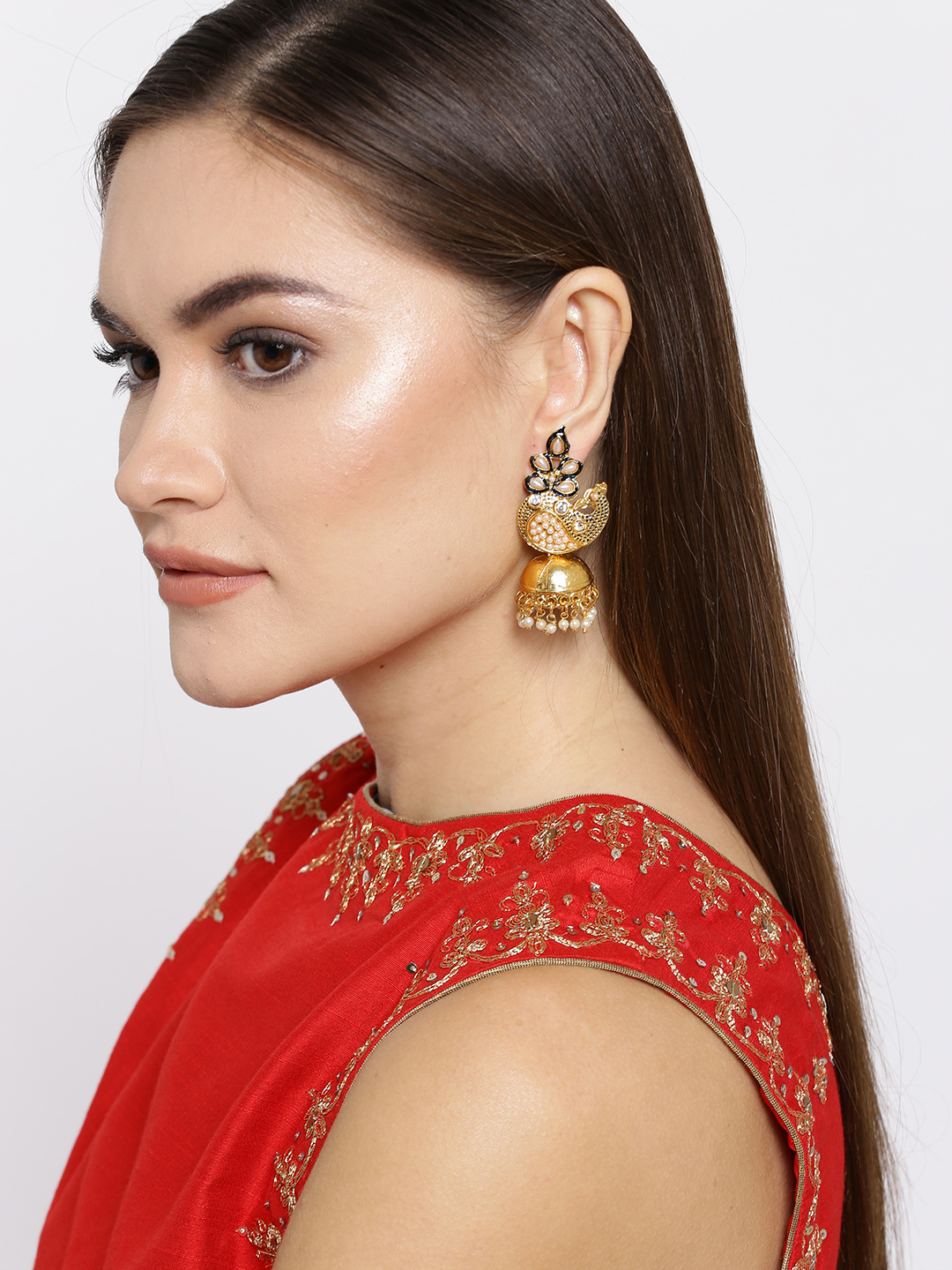 YouBella Off-White Gold-Plated Peacock-Shaped Beaded Jhumkas