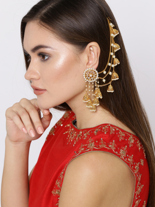 YouBella Off-White Gold-Plated Beaded Jhumkas with Ear Chains