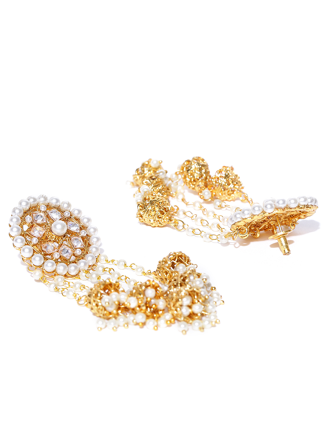 YouBella Off-White Gold-Plated Beaded Jhumkas with Ear Chains