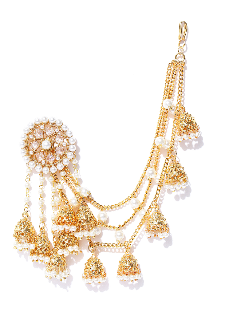 YouBella Off-White Gold-Plated Beaded Jhumkas with Ear Chains