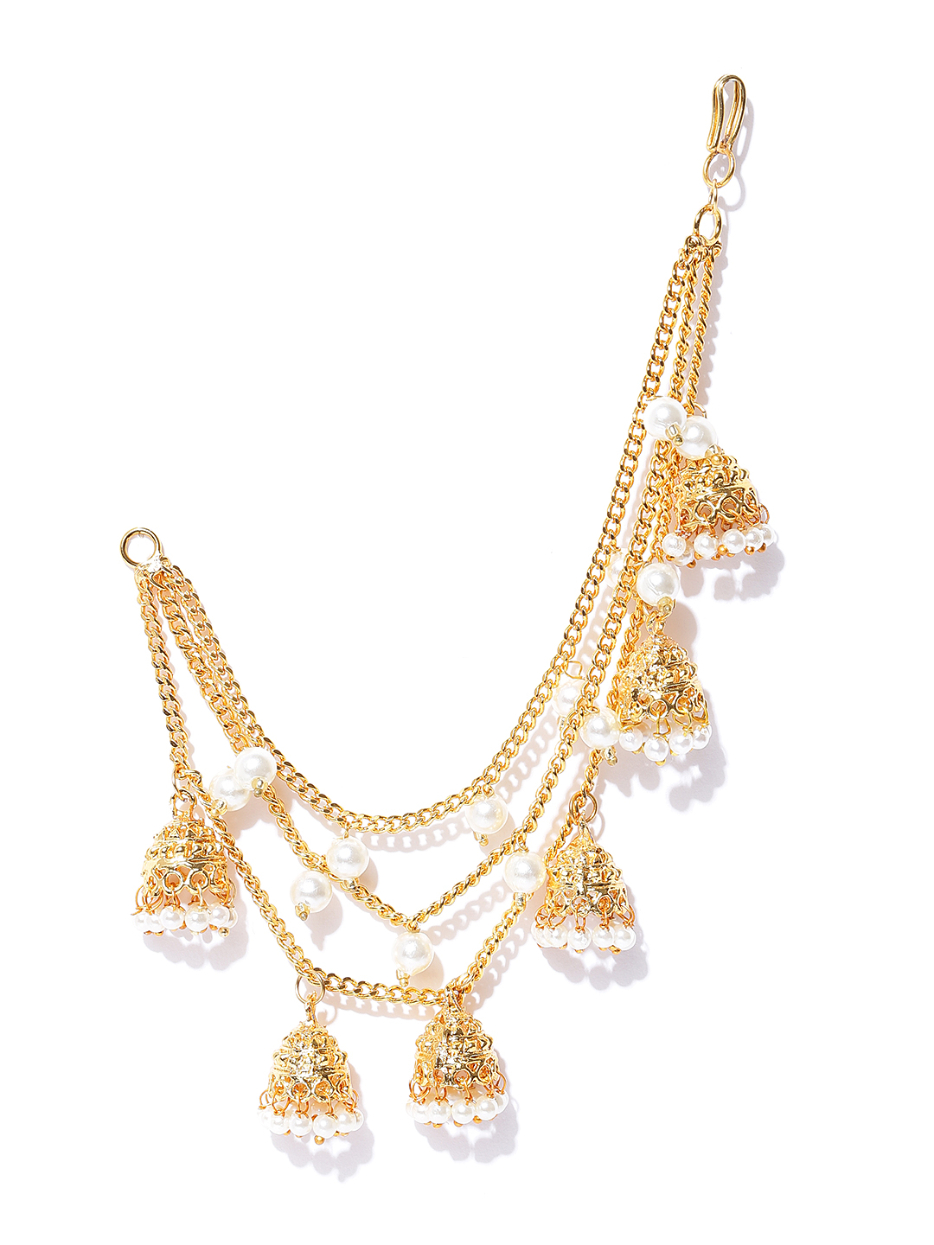 YouBella Off-White Gold-Plated Beaded Jhumkas with Ear Chains