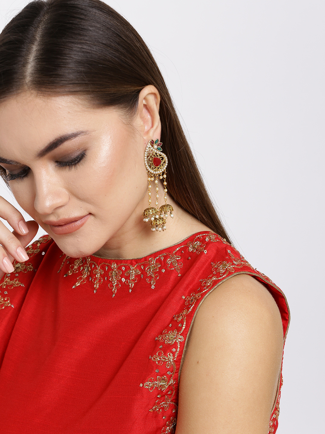 YouBella Off-White  Red Gold-Plated Paisley Shaped Stone-Studded Jhumkas