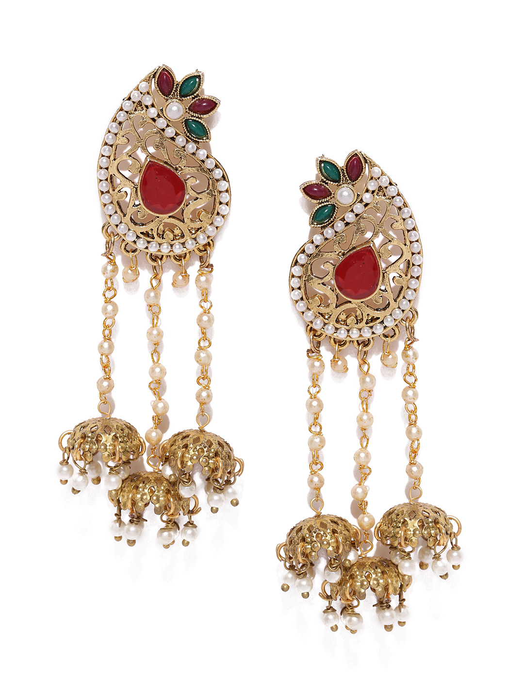 YouBella Off-White  Red Gold-Plated Paisley Shaped Stone-Studded Jhumkas