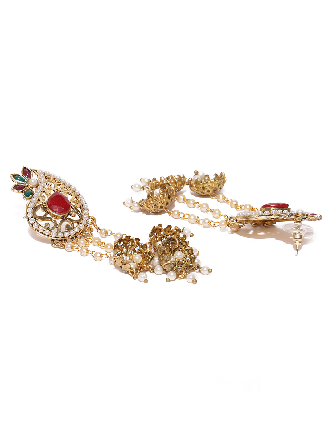 YouBella Off-White  Red Gold-Plated Paisley Shaped Stone-Studded Jhumkas