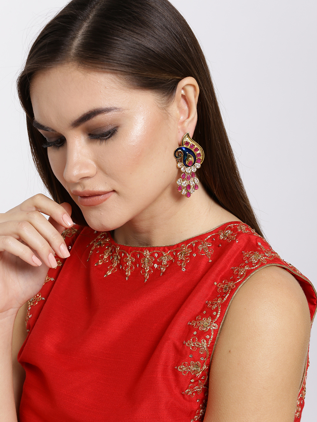 YouBella Navy  Pink Gold-Plated Peacock Shaped Stone-Studded Drop Earrings