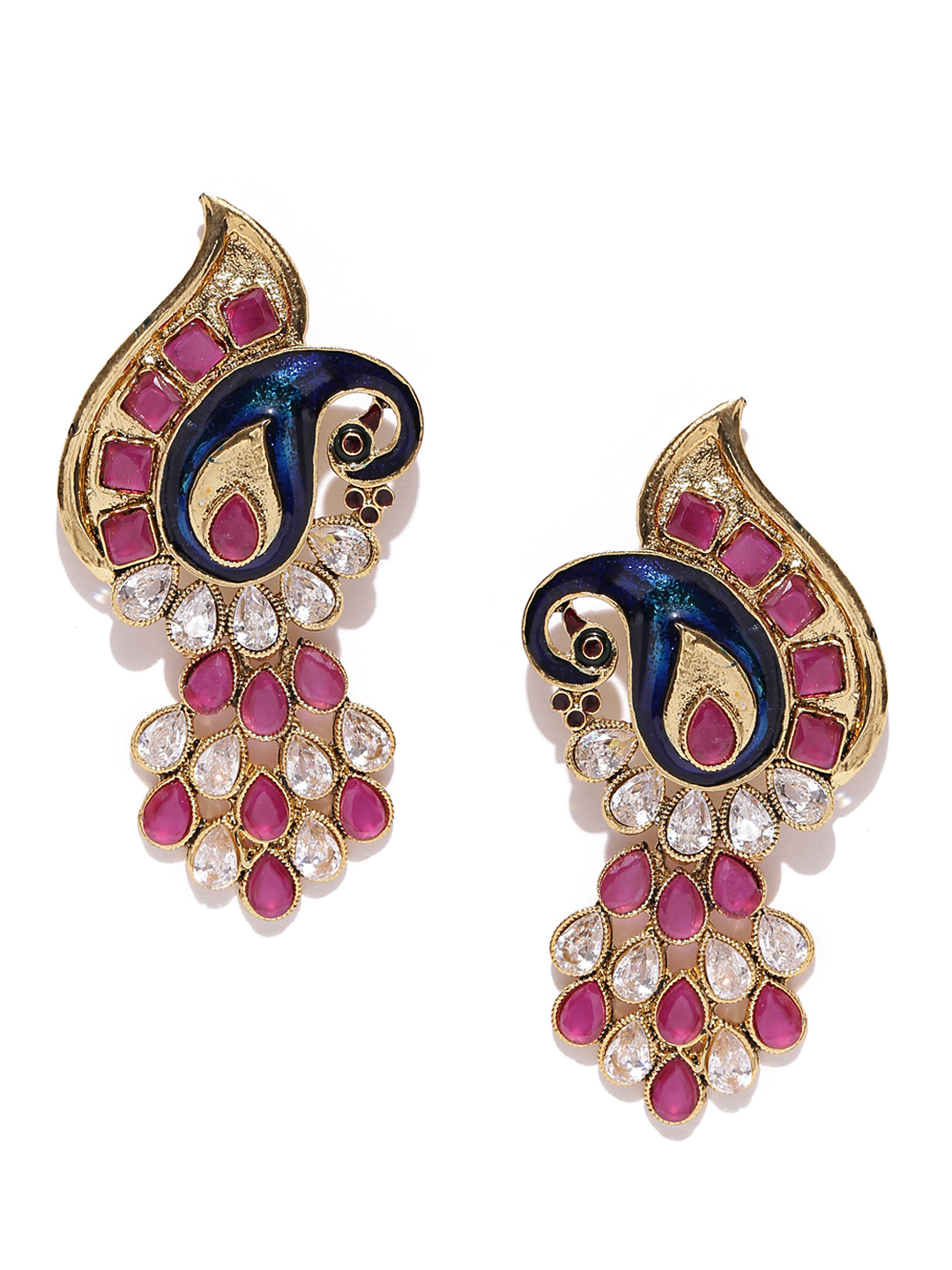 YouBella Navy  Pink Gold-Plated Peacock Shaped Stone-Studded Drop Earrings
