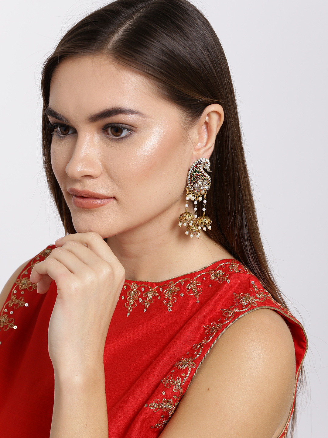 YouBella Red  Green Gold-Plated Peacock Shaped Stone-Studded Jhumkas
