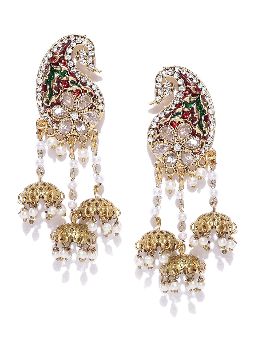 YouBella Red  Green Gold-Plated Peacock Shaped Stone-Studded Jhumkas