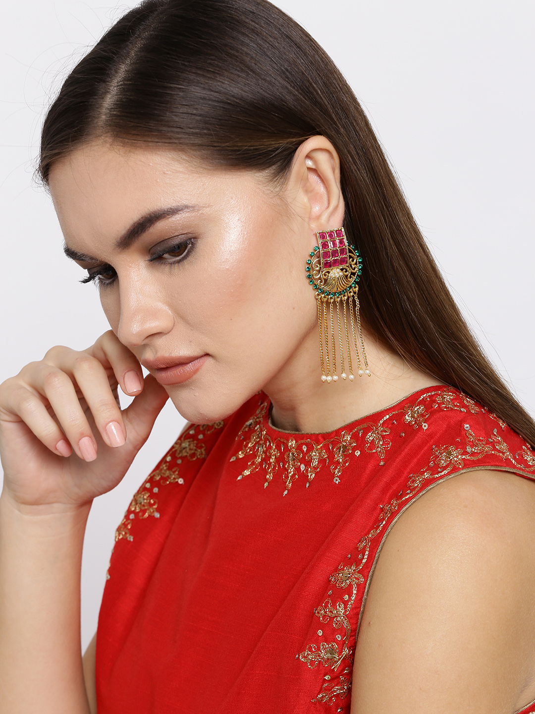 YouBella Pink  Green Gold-Plated Stone-Studded Beaded Drop Earrings