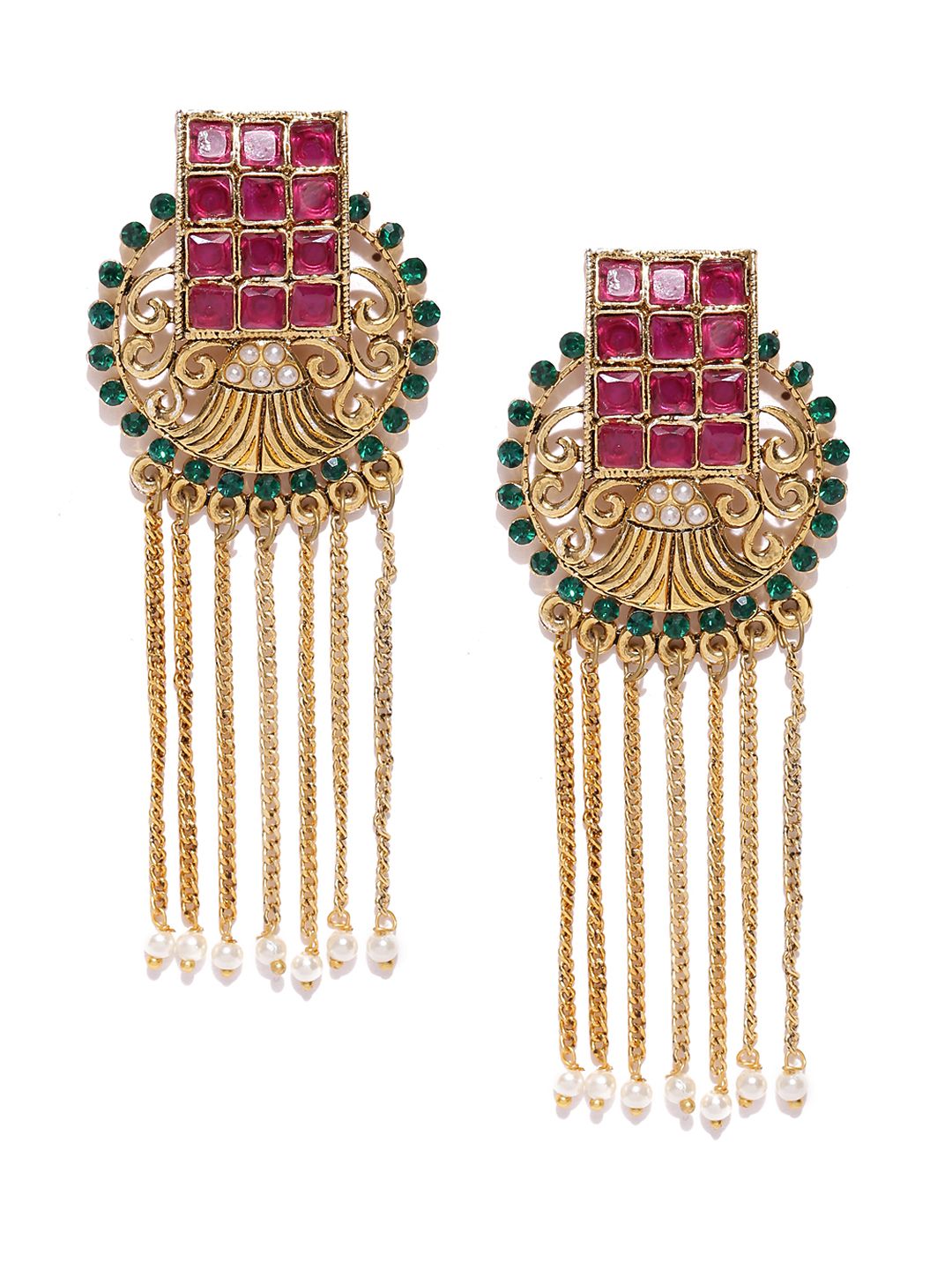 YouBella Pink  Green Gold-Plated Stone-Studded Beaded Drop Earrings