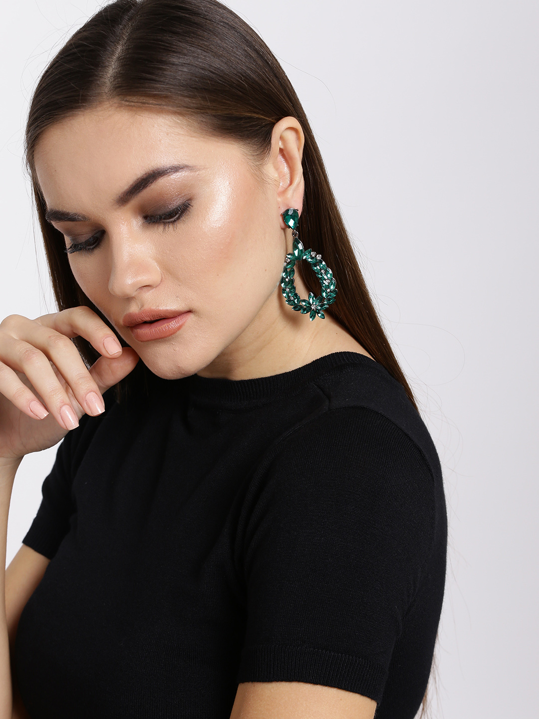 YouBella Green Stone-Studded Drop Earrings