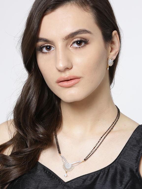 YouBella Black  Gold-Toned Beaded Mangalsutra Set