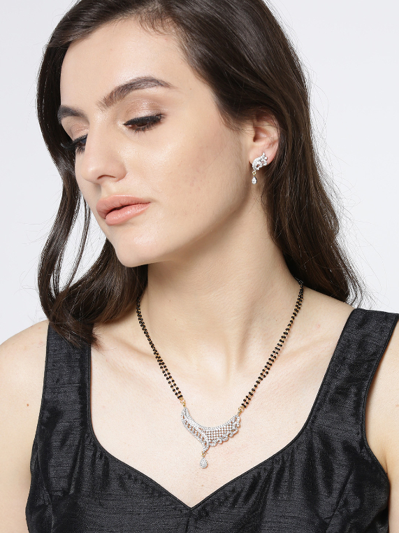 YouBella Black  Gold-Toned Beaded Stone-Studded Mangalsutra Set