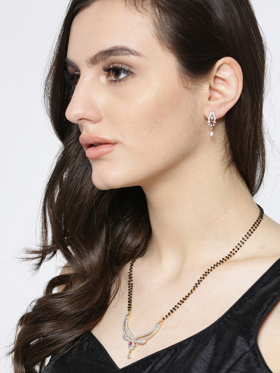 YouBella Black  Gold-Toned Beaded Stone-Studded Mangalsutra Set