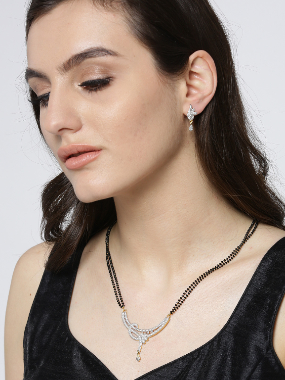 YouBella Black  Gold-Toned Beaded Stone-Studded Mangalsutra Set