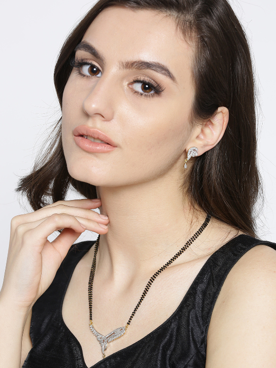 YouBella Black  Gold-Toned Beaded Stone-Studded Mangalsutra Set